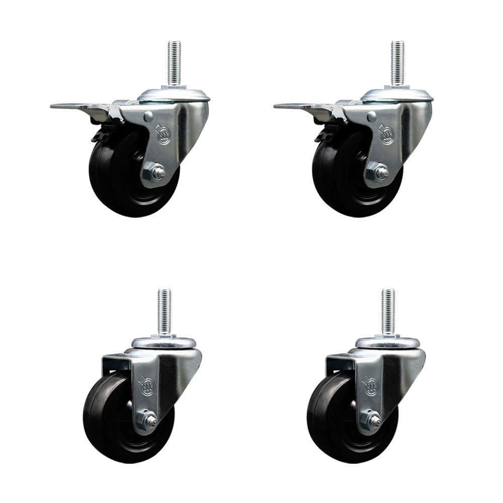 Soft Rubber Swivel Threaded Stem Caster Set of 4 w/3" x 1.25" Black Wheels and 3/4" Stems - Includes 2 with Total Locking Brake - 700 lbs Total Capacity - Service Caster Brand — photo 1