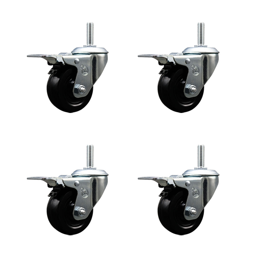 Soft Rubber Swivel Threaded Stem Caster Set of 4 w/3" x 1.25" Black Wheels and 5/8" Stems - Includes 4 with Total Lock Brakes - 700 lbs Total Capacity - Service Caster Brand — photo 1