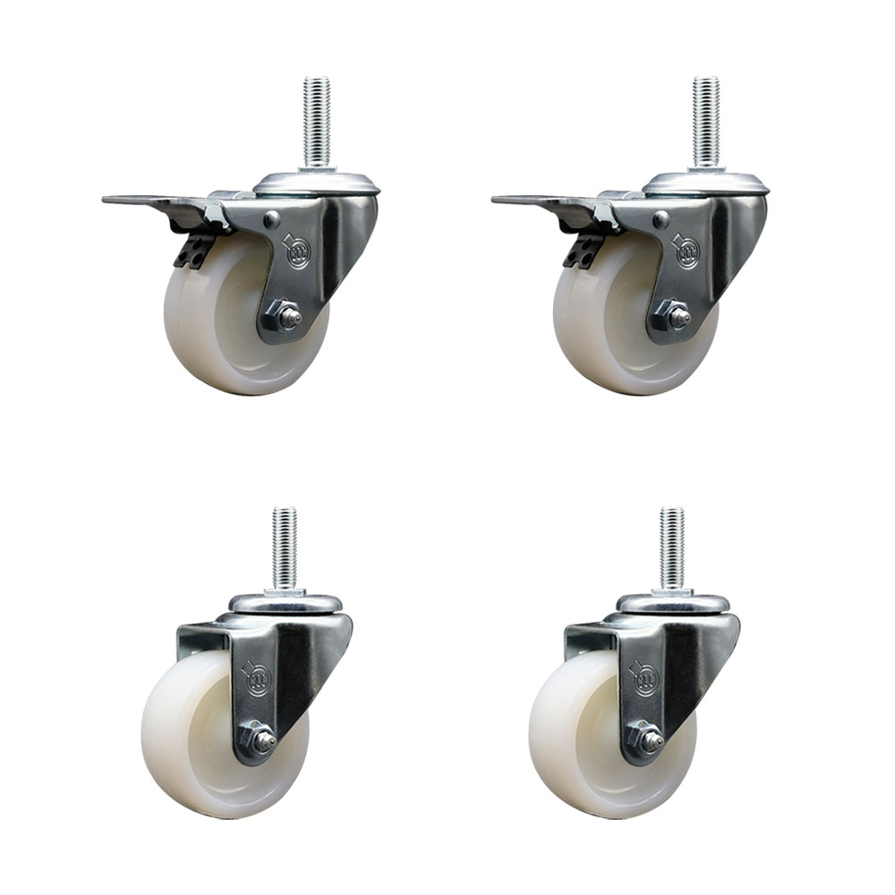 Nylon Swivel Threaded Stem Caster Set of 4 w/3" x 1.25" White Wheels and 3/4" Stems - Includes 2 with Total Locking Brake - 1200 lbs Total Capacity - Service Caster Brand — photo 1