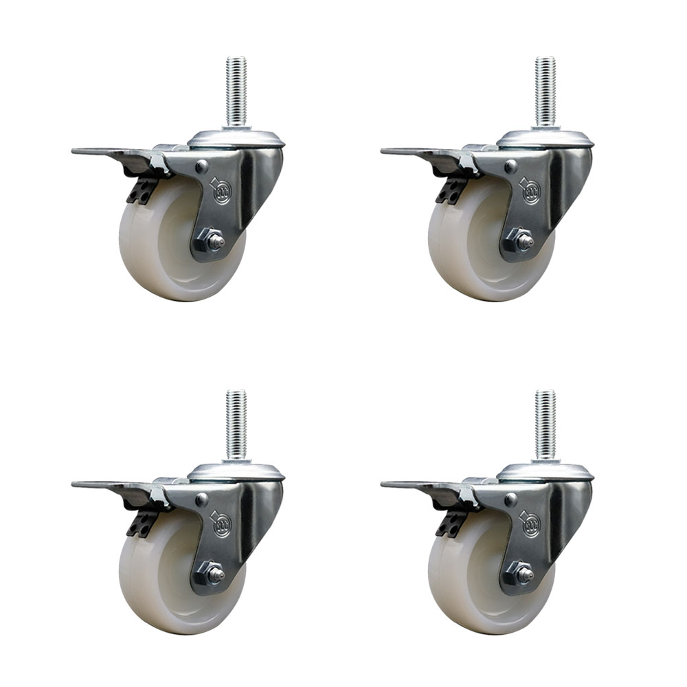 Nylon Swivel Threaded Stem Caster Set of 4 w/3" x 1.25" White Wheels and 5/8" Stems - Includes 4 with Total Lock Brakes - 1200 lbs Total Capacity - Service Caster Brand — photo 1