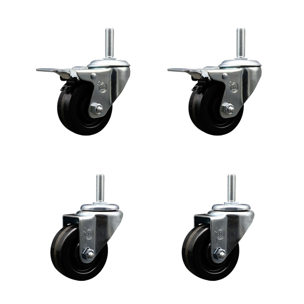 Phenolic Swivel Threaded Stem Caster Set of 4 w/3" x 1.25" Black Wheels and 3/4" Stems - Includes 2 with Total Locking Brake - 1200 lbs Total Capacity - Service Caster Brand — photo 1