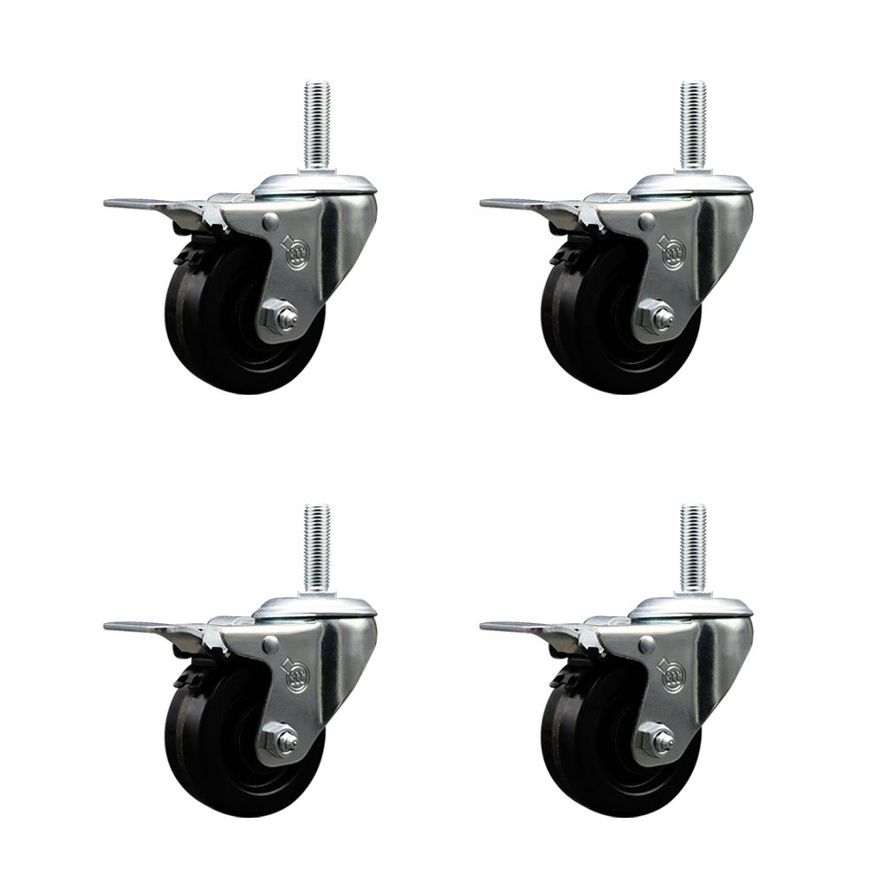 Phenolic Swivel Threaded Stem Caster Set of 4 w/3" x 1.25" Black Wheels and 3/4" Stems - Includes 4 with Total Lock Brakes - 1200 lbs Total Capacity - Service Caster Brand — photo 1