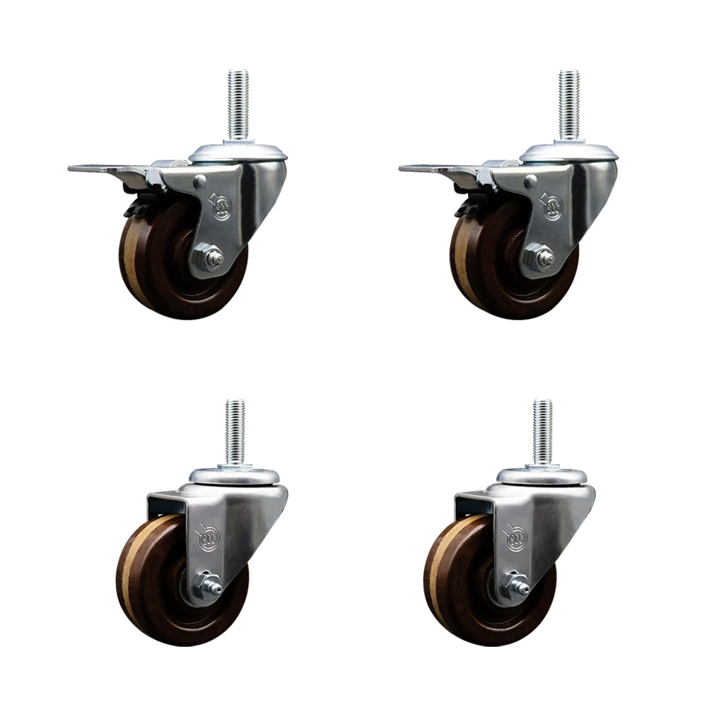 High Temp Phenolic Swivel Threaded Stem Caster Set of 4 w/3" x 1.25" Brown Wheels and 5/8" Stems - Includes 2 with Total Locking Brake - 1200 lbs Total Capacity - Service Caster Brand — photo 1