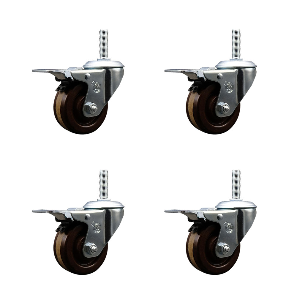 High Temp Phenolic Swivel Threaded Stem Caster Set of 4 w/3" x 1.25" Brown Wheels and 5/8" Stems - Includes 4 with Total Lock Brakes - 1200 lbs Total Capacity - Service Caster Brand — photo 1