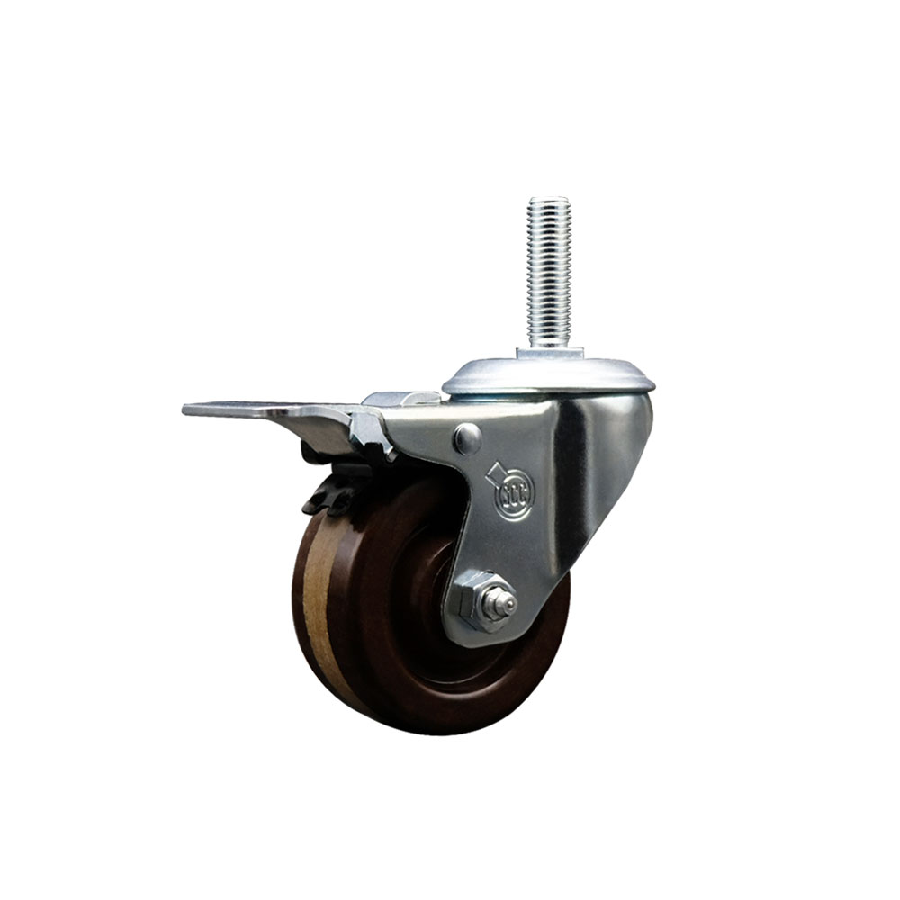 High Temp Phenolic Swivel Threaded Stem Caster w/3" x 1.25" Brown Wheel and 5/8" Stem & Total Locking Brake - 300 lbs Capacity/Caster - Service Caster Brand — photo 1