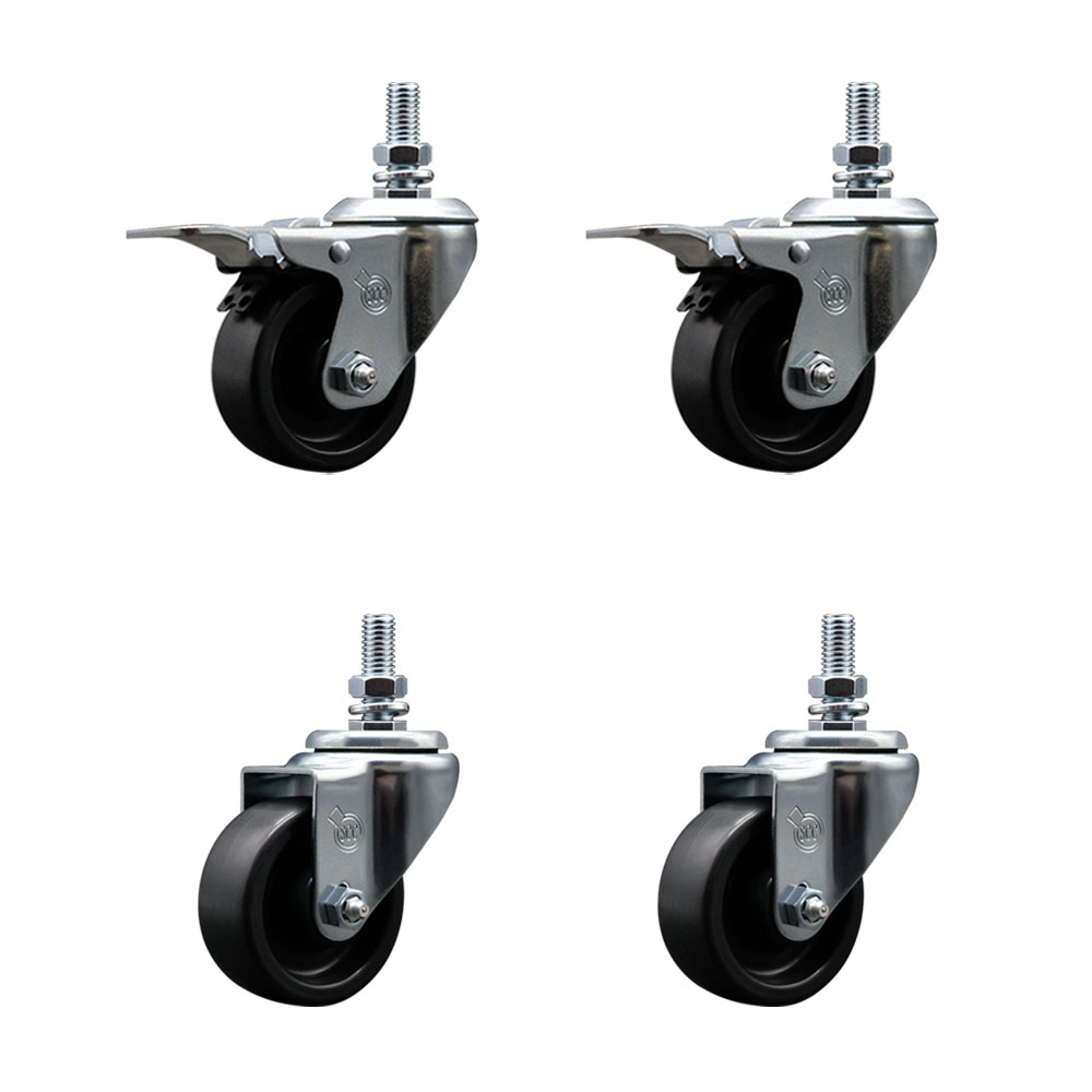 Polyolefin Swivel Threaded Stem Caster Wheels Set of 4 with 3 Inch Black Wheels and 1/2" Stems - Includes 2 with Total Lock Brakes - 1200 lbs. Total Capacity - Service Caster Brand — photo 1