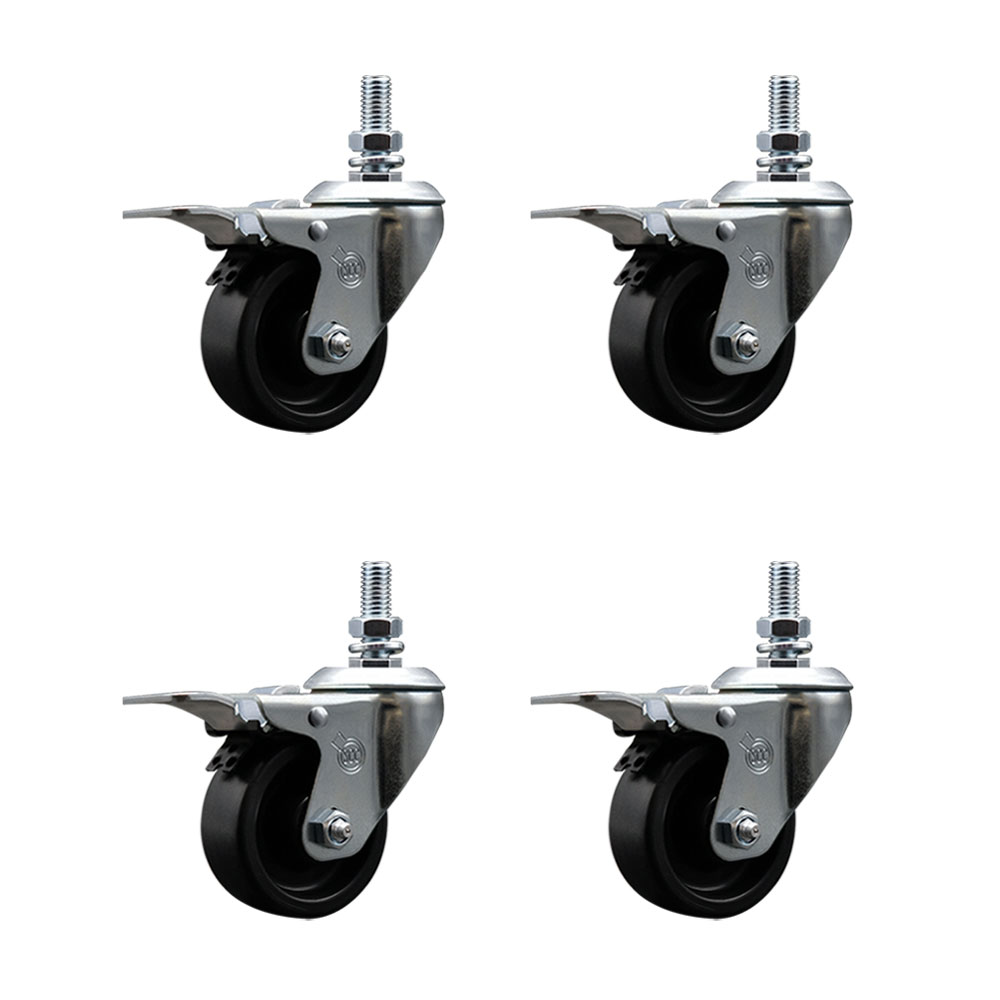 Polyolefin Swivel Threaded Stem Caster Wheels Set of 4 with 3 Inch Black Wheels and 1/2" Stems - Includes 4 with Total Lock Brakes - 1200 lbs. Total Capacity - Service Caster Brand — photo 1