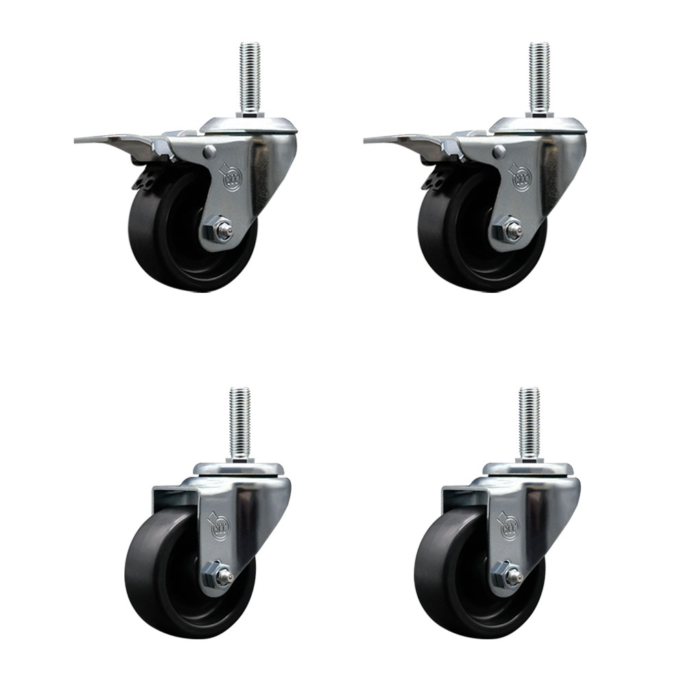 Polyolefin Swivel Threaded Stem Caster Wheels Set of 4 with 3 Inch Black Wheels and 3/4" Stems - Includes 2 with Total Lock Brakes - 1200 lbs. Total Capacity - Service Caster Brand — photo 1