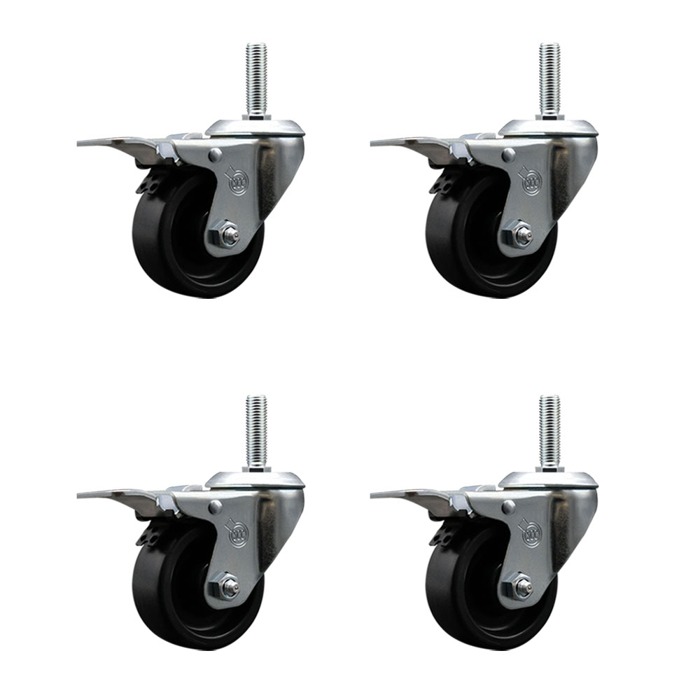 Polyolefin Swivel Threaded Stem Caster Wheels Set of 4 with 3 Inch Black Wheels and 3/4" Stems - Includes 4 with Total Lock Brakes - 1200 lbs. Total Capacity - Service Caster Brand — photo 1