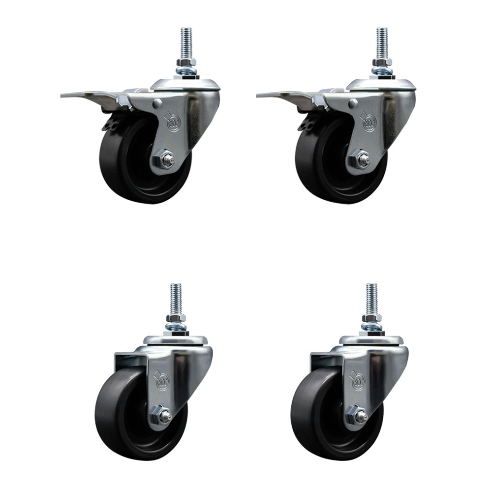 Polyolefin Swivel Threaded Stem Caster Wheels Set of 4 with 3 Inch Black Wheels and 3/8" Stems - Includes 2 with Total Lock Brakes - 1200 lbs. Total Capacity - Service Caster Brand — photo 1