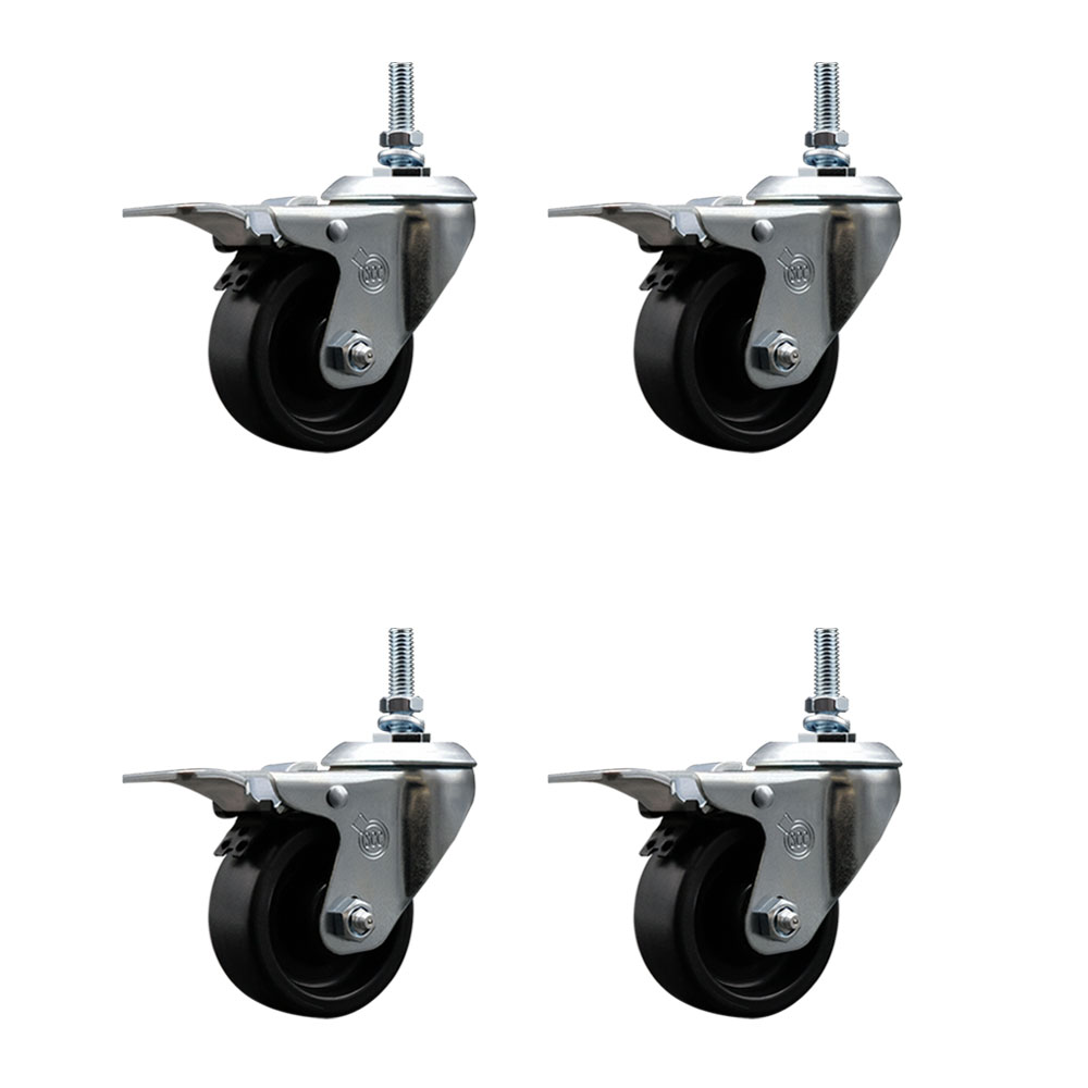 Polyolefin Swivel Threaded Stem Caster Wheels Set of 4 with 3 Inch Black Wheels and 10mm Stems - Includes 4 with Total Lock Brakes - 1200 lbs. Total Capacity - Service Caster Brand — photo 1