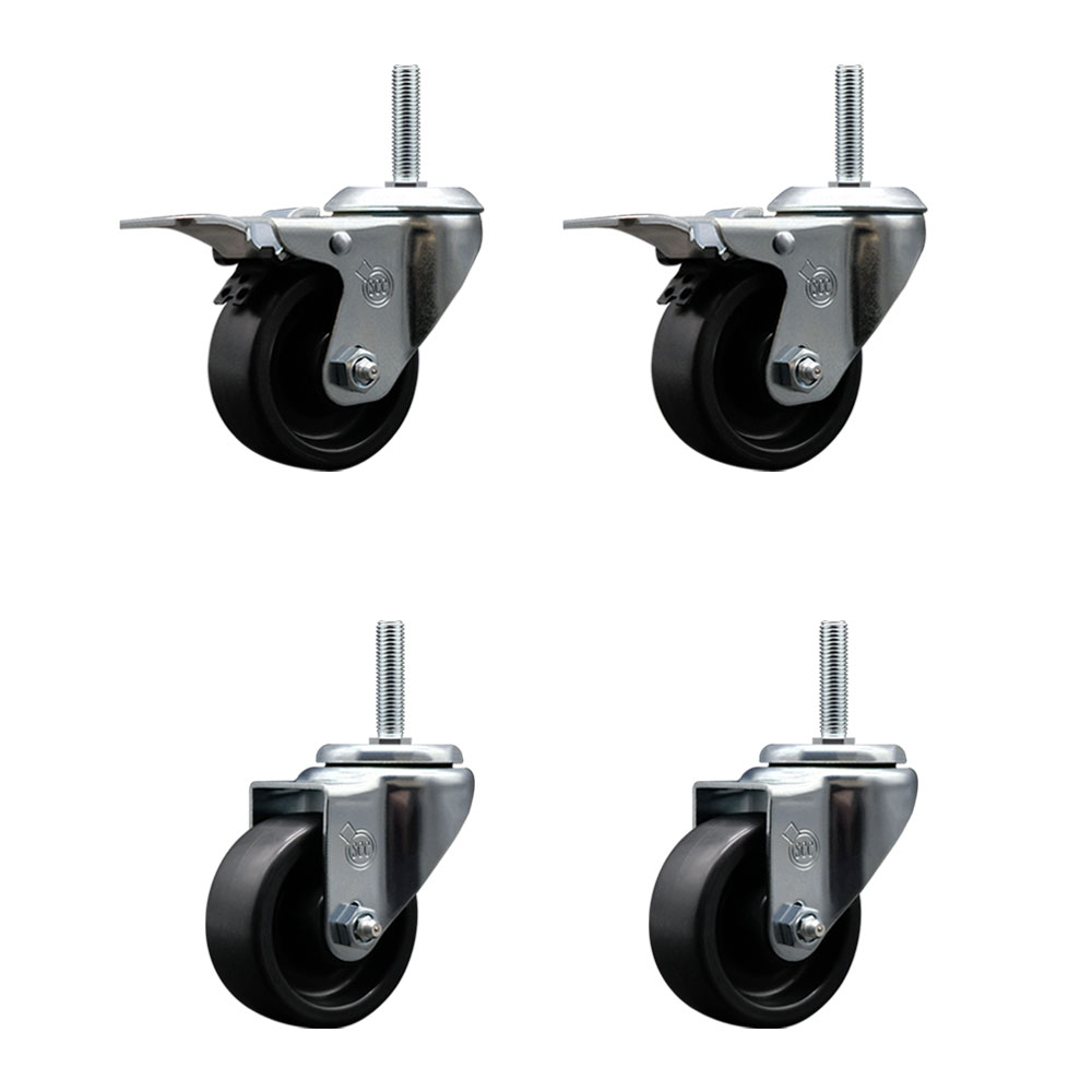 Polyolefin Swivel Threaded Stem Caster Wheels Set of 4 with 3 Inch Black Wheels and 5/8" Stems - Includes 2 with Total Lock Brakes - 1200 lbs. Total Capacity - Service Caster Brand — photo 1