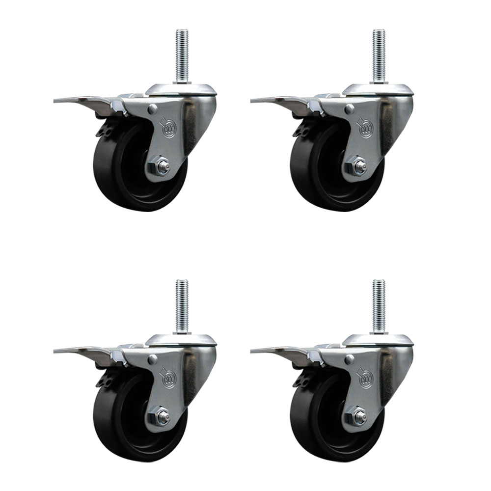 Polyolefin Swivel Threaded Stem Caster Wheels Set of 4 with 3 Inch Black Wheels and 5/8" Stems - Includes 4 with Total Lock Brakes - 1200 lbs. Total Capacity - Service Caster Brand — photo 1