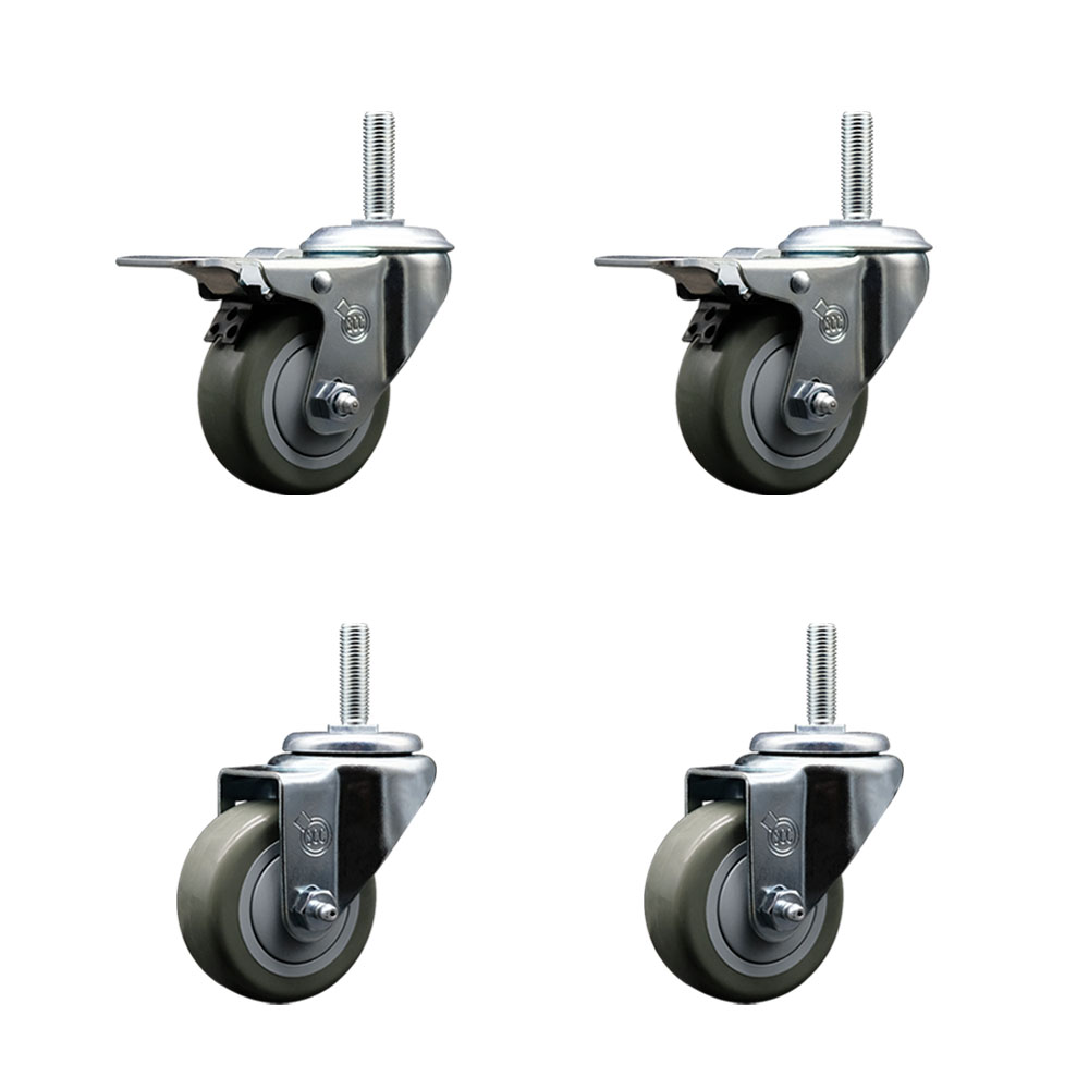 Polyurethane Swivel Threaded Stem Caster Set of 4 w/3" x 1.25" Gray Wheels and 3/4" Stems - Includes 2 with Total Locking Brake - 1,200 lbs Total Capacity - Service Caster Brand — photo 1