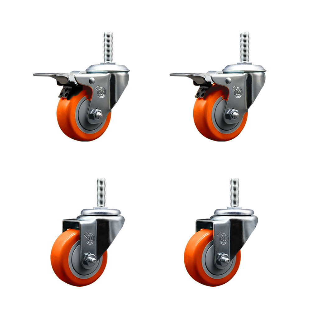 Polyurethane Swivel Threaded Stem Caster Set of 4 w/3" x 1.25" Orange Wheels and 3/4" Stems - Includes 2 with Total Locking Brake - 1,200 lbs Total Capacity - Service Caster Brand — photo 1