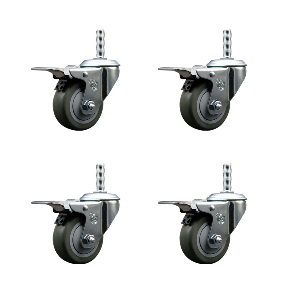 Polyurethane Swivel Threaded Stem Caster Set of 4 w/3" x 1.25" Gray Wheels and 3/4" Stems - Includes 4 with Total Lock Brakes - 1,200 lbs Total Capacity - Service Caster Brand — photo 1