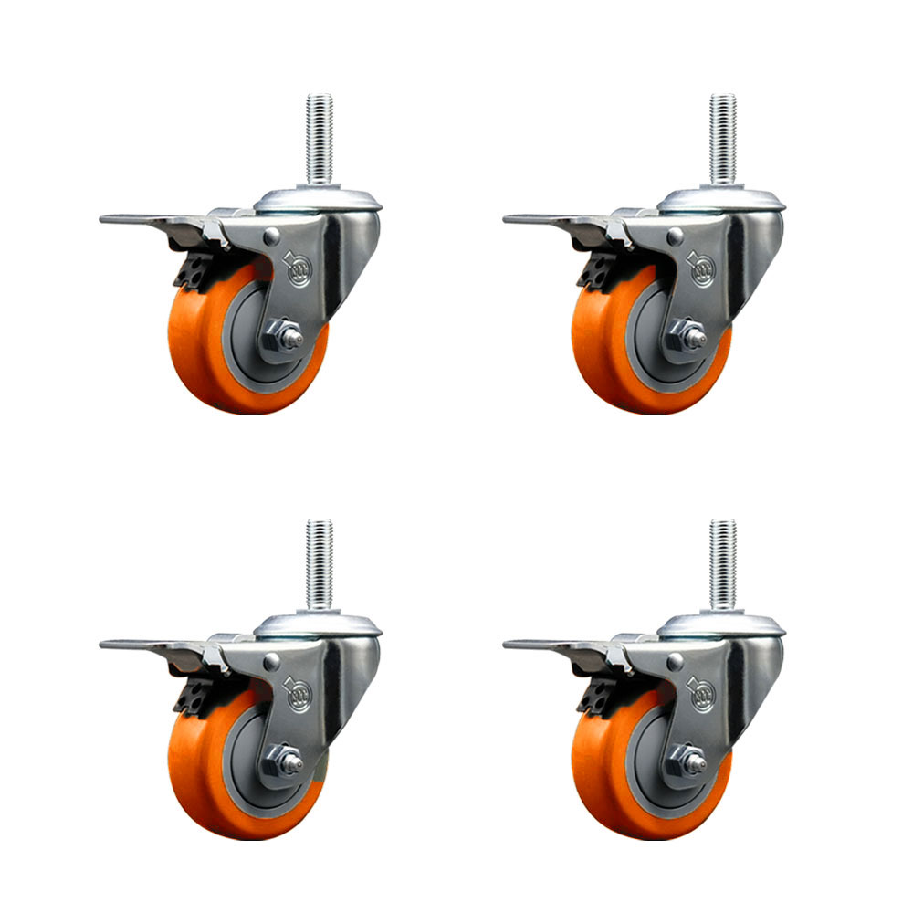 Polyurethane Swivel Threaded Stem Caster Set of 4 w/3" x 1.25" Orange Wheels and 3/4" Stems - Includes 4 with Total Lock Brakes - 1,200 lbs Total Capacity - Service Caster Brand — photo 1