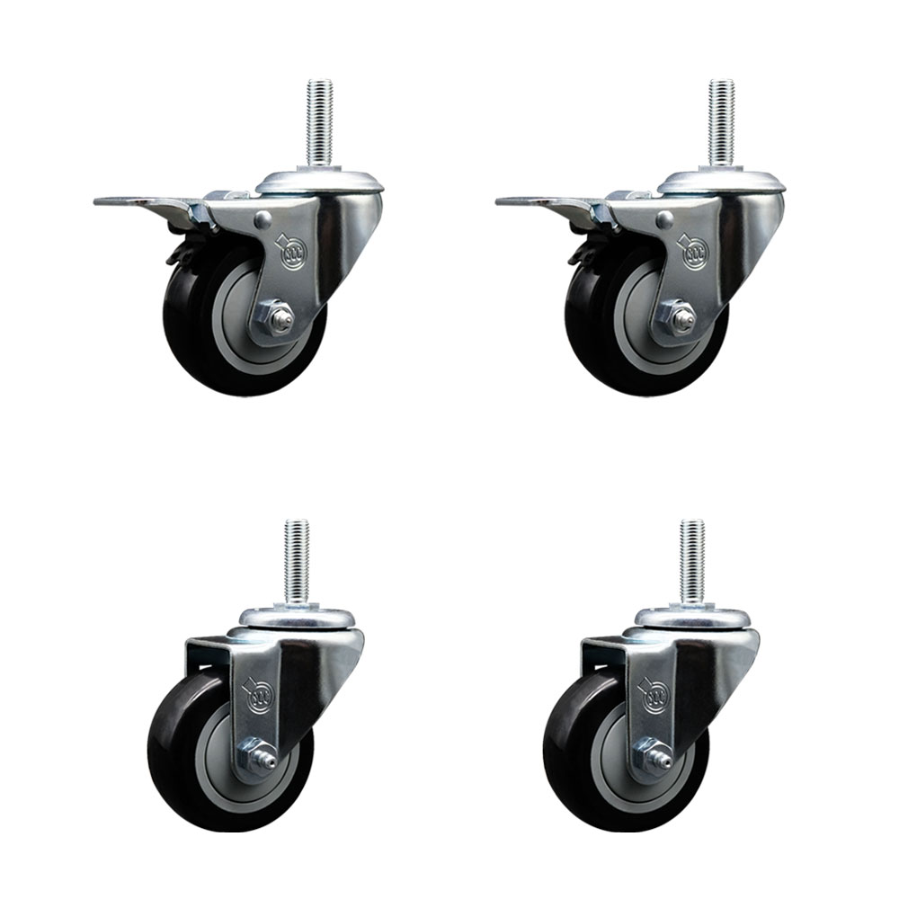 Polyurethane Swivel Threaded Stem Caster Set of 4 w/3" x 1.25" Black Wheels and 5/8" Stems - Includes 2 with Total Locking Brake - 1,200 lbs Total Capacity - Service Caster Brand — photo 1