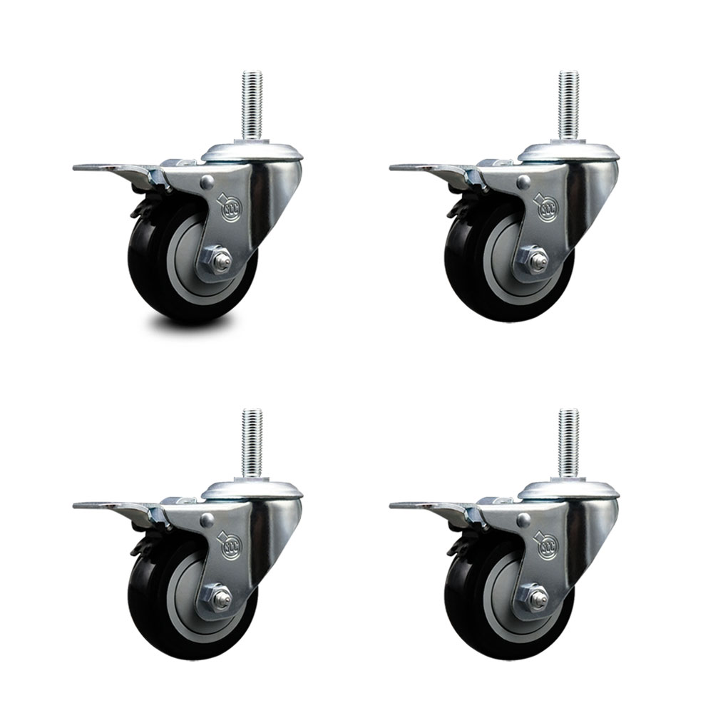 Polyurethane Swivel Threaded Stem Caster Set of 4 w/3" x 1.25" Black Wheels and 5/8" Stems - Includes 4 with Total Lock Brakes - 1,200 lbs Total Capacity - Service Caster Brand — photo 1
