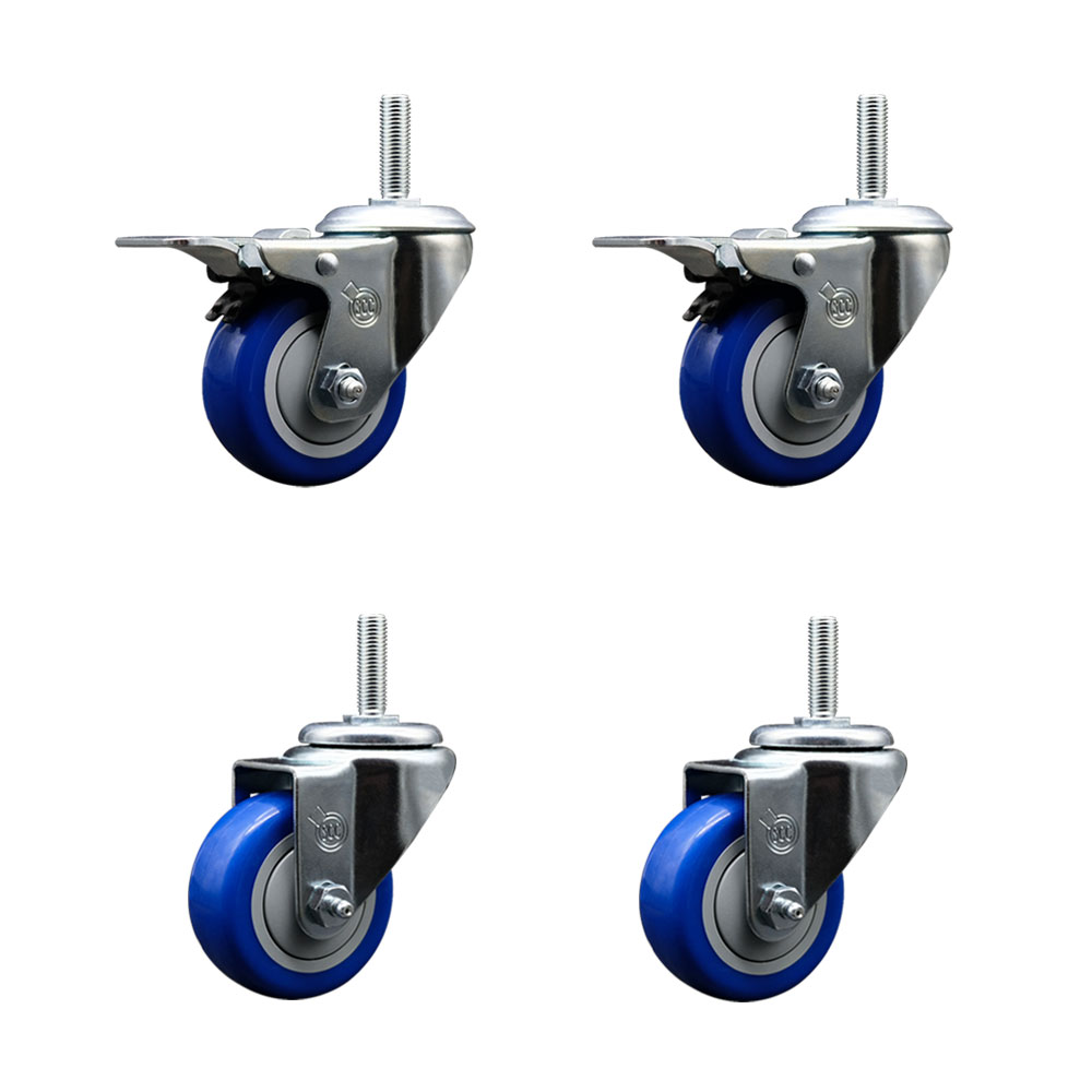 Polyurethane Swivel Threaded Stem Caster Set of 4 w/3" x 1.25" Blue Wheels and 3/4" Stems - Includes 2 with Total Locking Brake - 1,200 lbs Total Capacity - Service Caster Brand — photo 1