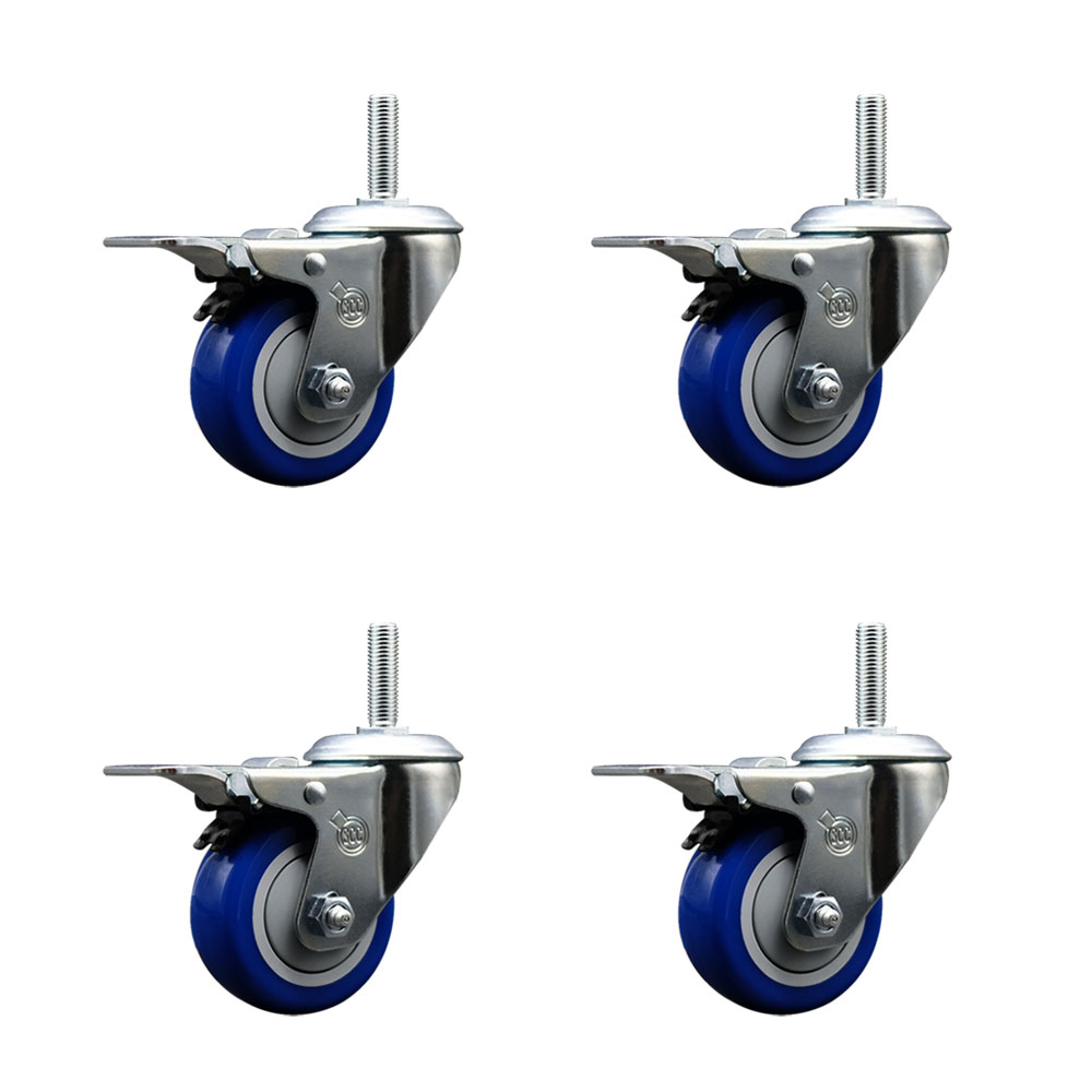 Polyurethane Swivel Threaded Stem Caster Set of 4 w/3" x 1.25" Blue Wheels and 3/4" Stems - Includes 4 with Total Lock Brakes - 1,200 lbs Total Capacity - Service Caster Brand — photo 1