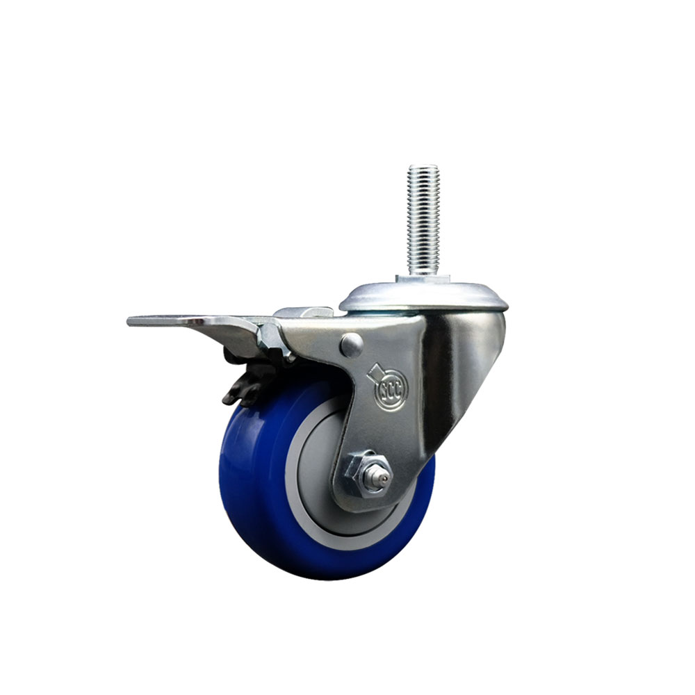 Polyurethane Swivel Threaded Stem Caster w/3" x 1.25" Blue Wheel and 3/4" Stem & Total Locking Brake - 300 lbs Capacity/Caster - Service Caster Brand — photo 1