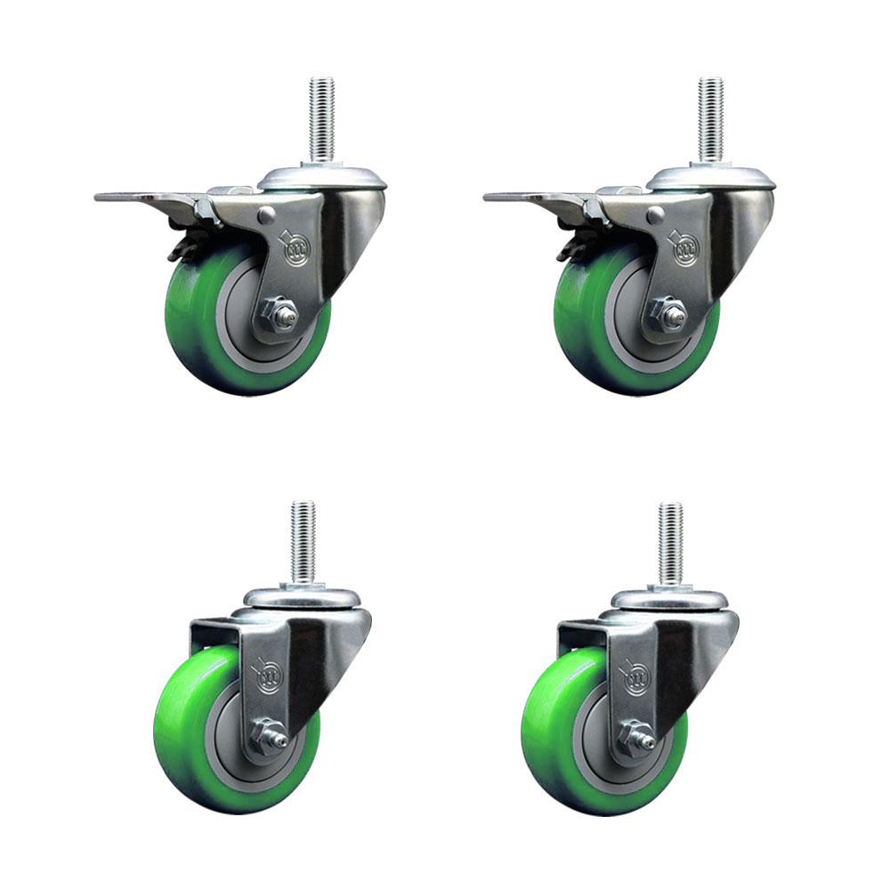 Polyurethane Swivel Threaded Stem Caster Set of 4 w/3" x 1.25" Green Wheels and 5/8" Stems - Includes 2 with Total Locking Brake - 1,200 lbs Total Capacity - Service Caster Brand — photo 1