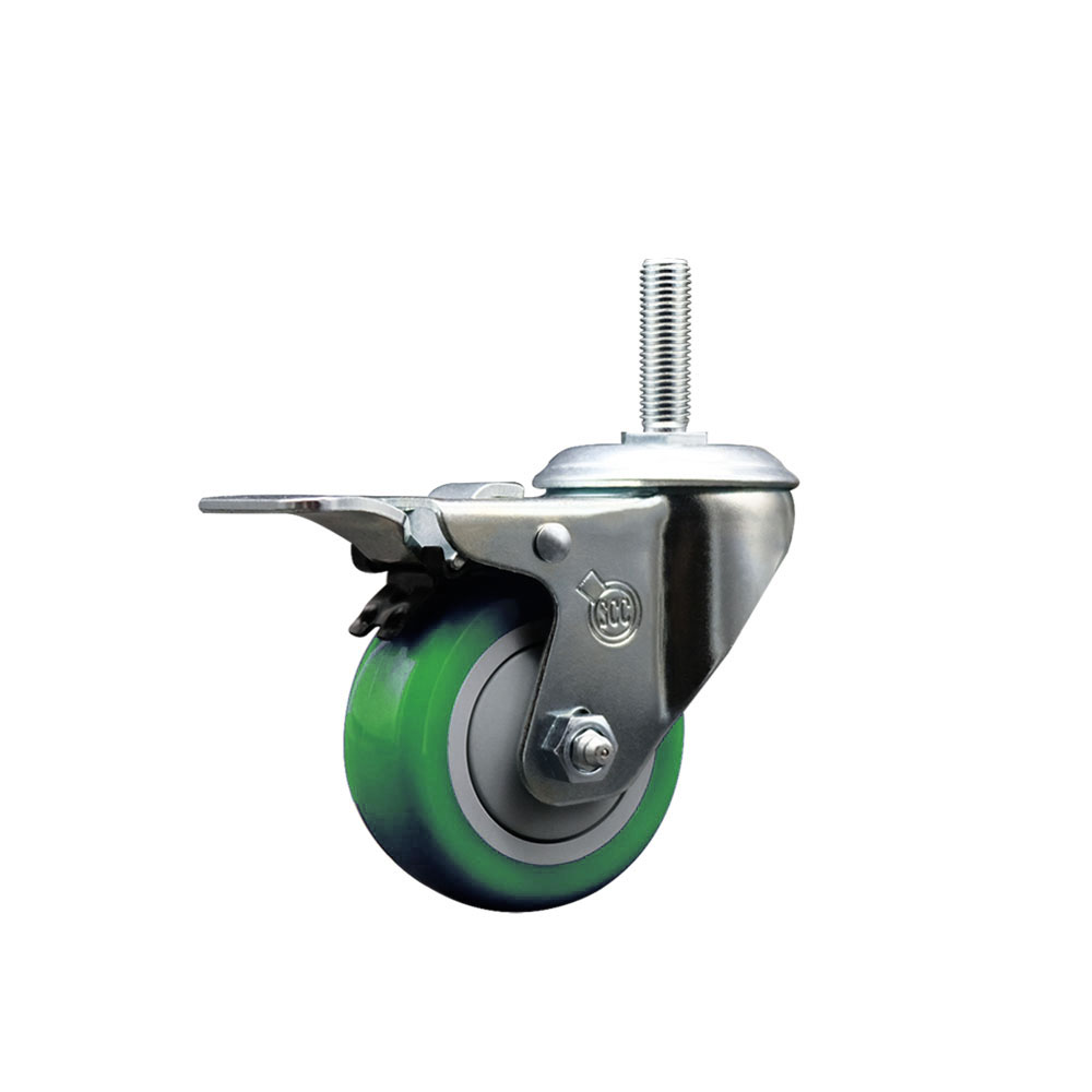 Polyurethane Swivel Threaded Stem Caster w/3" x 1.25" Green Wheel and 5/8" Stem & Total Locking Brake - 300 lbs Capacity/Caster - Service Caster Brand — photo 1