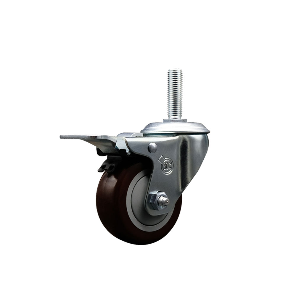 Polyurethane Swivel Threaded Stem Caster w/3" x 1.25" Maroon Wheel and 3/4" Stem & Total Locking Brake - 300 lbs Capacity/Caster - Service Caster Brand — photo 1