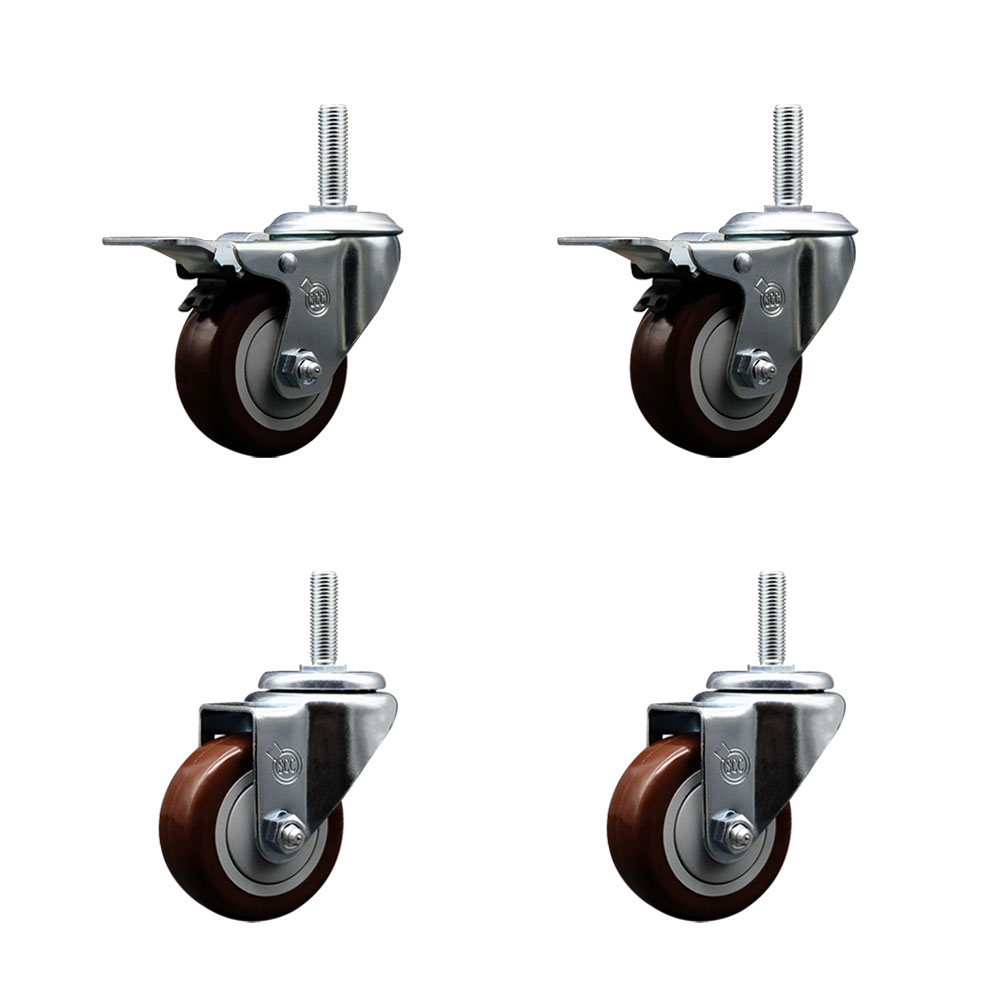 Polyurethane Swivel Threaded Stem Caster Set of 4 w/3" x 1.25" Maroon Wheels and 5/8" Stems - Includes 2 with Total Locking Brake - 1,200 lbs Total Capacity - Service Caster Brand — photo 1