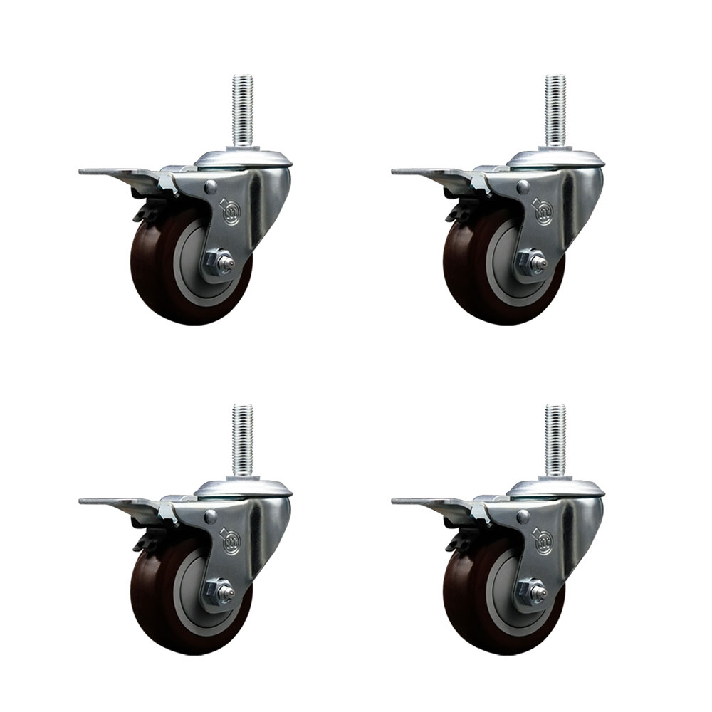 Polyurethane Swivel Threaded Stem Caster Set of 4 w/3" x 1.25" Maroon Wheels and 5/8" Stems - Includes 4 with Total Lock Brakes - 1,200 lbs Total Capacity - Service Caster Brand — photo 1
