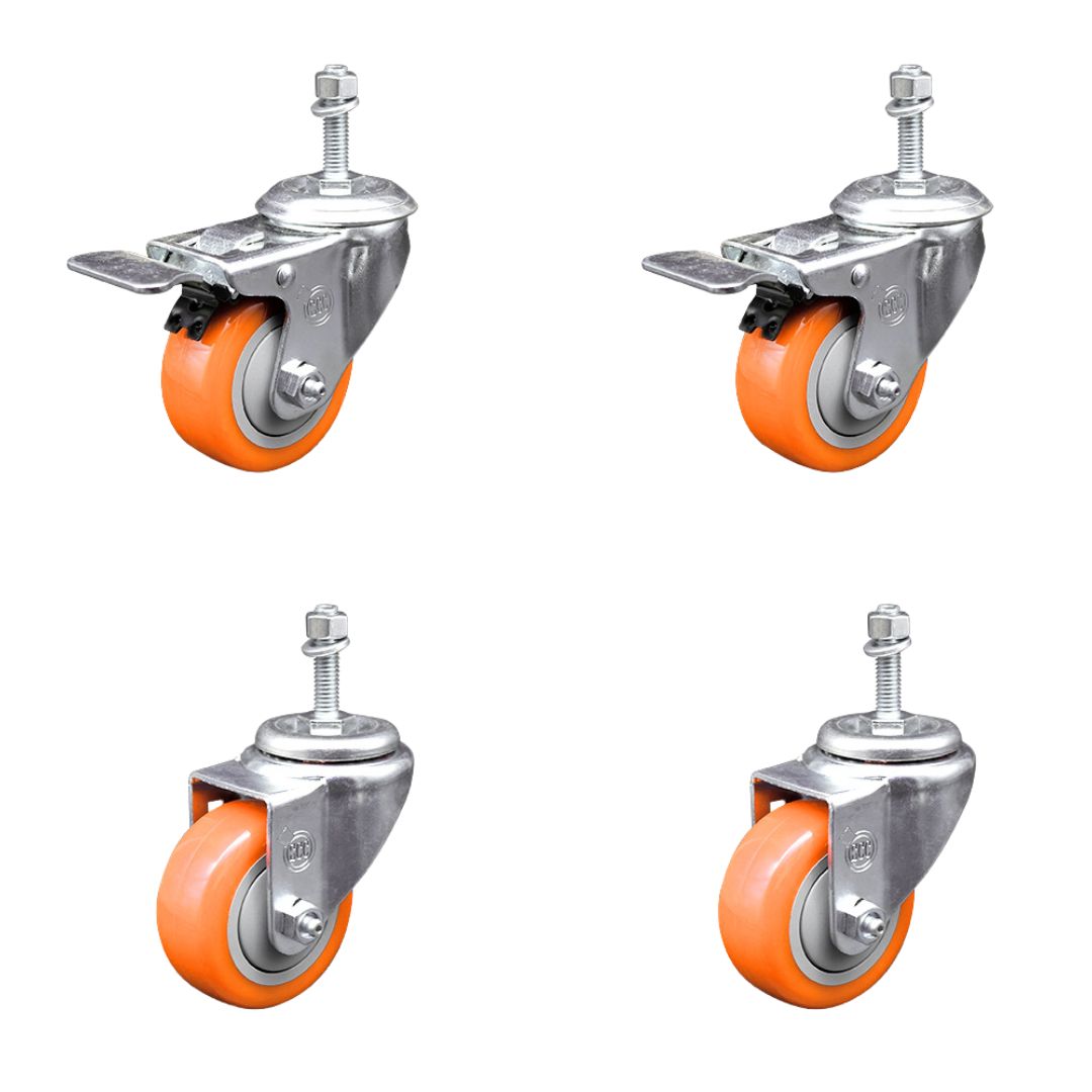 Polyurethane Swivel Threaded Stem Caster Set of 4 w/3" x 1.25" Orange Wheels and 10mm Stems - Includes 2 with Total Locking Brake - 1200 lbs Total Capacity - Service Caster Brand — photo 1