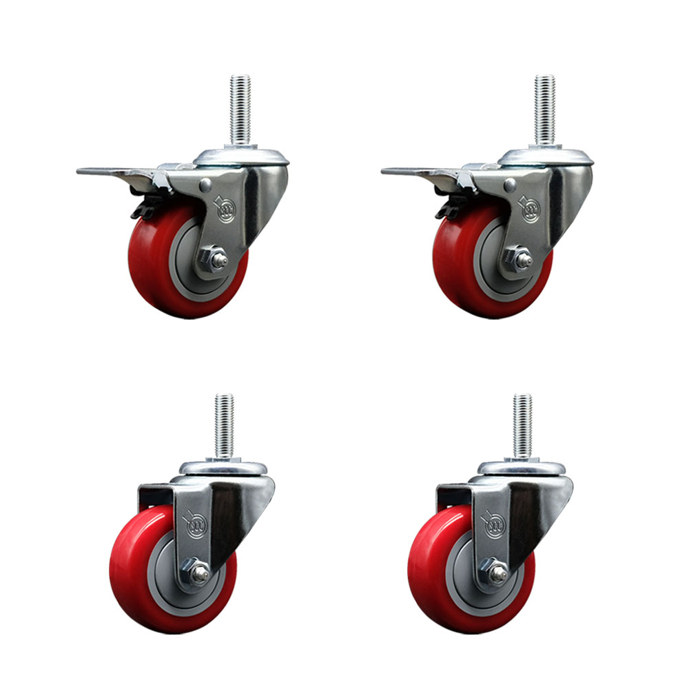 Polyurethane Swivel Threaded Stem Caster Set of 4 w/3" x 1.25" Red Wheels and 3/4" Stems - Includes 2 with Total Locking Brake - 1,200 lbs Total Capacity - Service Caster Brand — photo 1