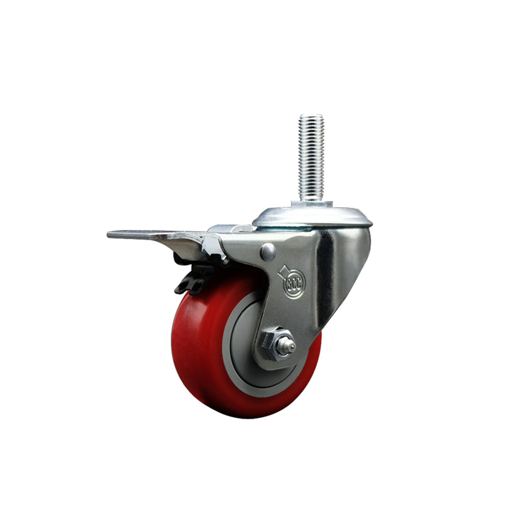 Polyurethane Swivel Threaded Stem Caster w/3" x 1.25" Red Wheel and 3/4" Stem & Total Locking Brake - 300 lbs Capacity/Caster - Service Caster Brand — photo 1
