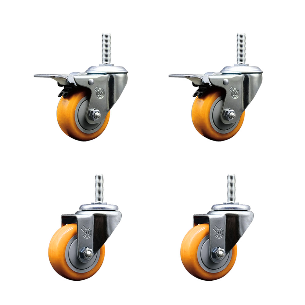Polyurethane Swivel Threaded Stem Caster Set of 4 w/3" x 1.25" Yellow Wheels and 3/4" Stems - Includes 2 with Total Locking Brake - 1,200 lbs Total Capacity - Service Caster Brand — photo 1