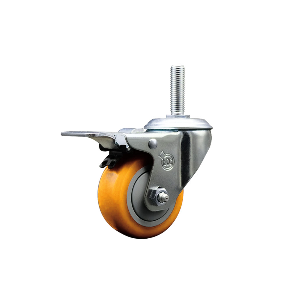 Polyurethane Swivel Threaded Stem Caster w/3" x 1.25" Yellow Wheel and 3/4" Stem & Total Locking Brake - 300 lbs Capacity/Caster - Service Caster Brand — photo 1