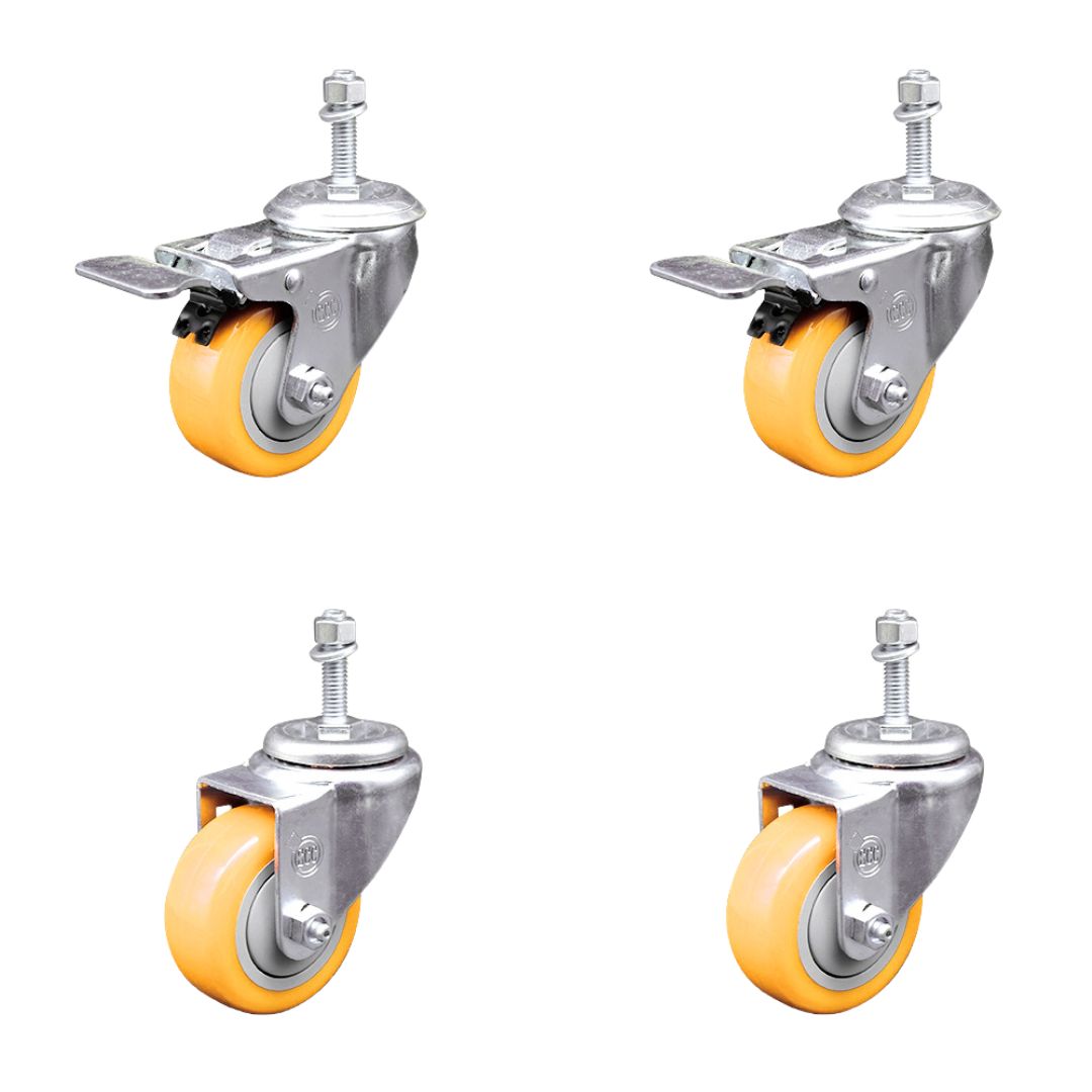 Polyurethane Swivel Threaded Stem Caster Set of 4 w/3" x 1.25" Yellow Wheels and 10mm Stems - Includes 2 with Total Locking Brake - 1200 lbs Total Capacity - Service Caster Brand — photo 1