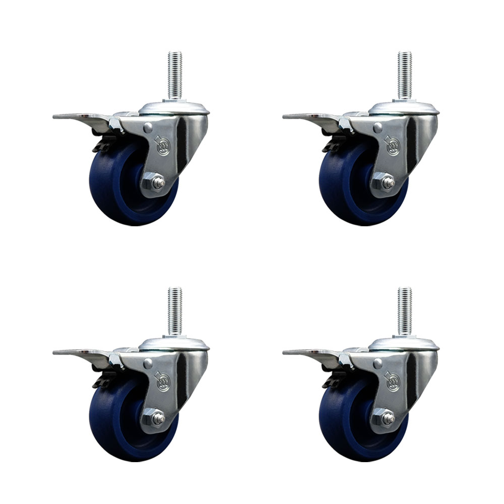 Solid Polyurethane Swivel Threaded Stem Caster Set of 4 w/3" x 1.25" Blue Wheels and 3/4" Stems - Includes 4 with Total Lock Brakes - 1200 lbs Total Capacity - Service Caster Brand — photo 1