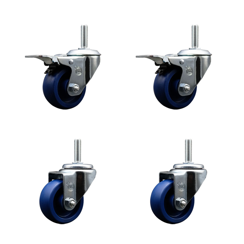 Solid Polyurethane Swivel Threaded Stem Caster Set of 4 w/3" x 1.25" Blue Wheels and 5/8" Stems - Includes 2 with Total Locking Brake - 1200 lbs Total Capacity - Service Caster Brand — photo 1