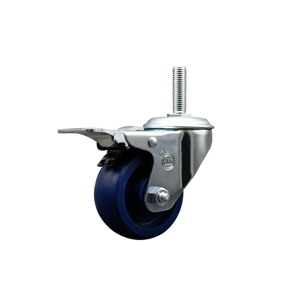 Solid Polyurethane Swivel Threaded Stem Caster w/3" x 1.25" Blue Wheel and 5/8" Stem & Total Locking Brake - 300 lbs Capacity/Caster - Service Caster Brand — photo 1