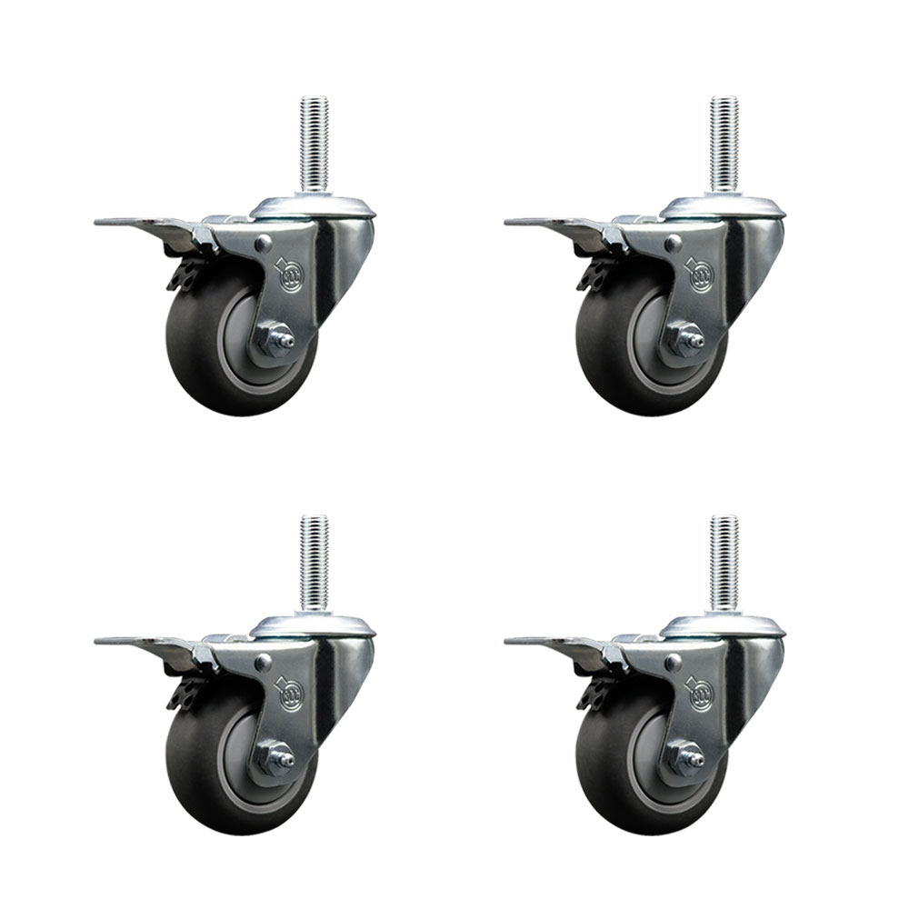Thermoplastic Rubber Swivel Threaded Stem Caster Set of 4 w/3" x 1.25" Gray Wheels and 5/8" Stems - Includes 4 with Total Lock Brakes - 840 lbs Total Capacity - Service Caster Brand — photo 1