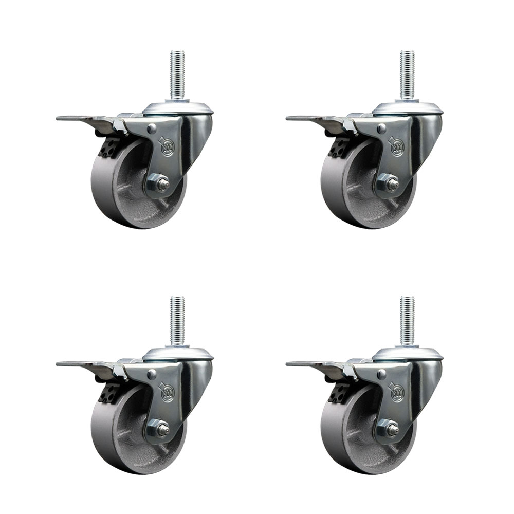 Semi Steel Cast Iron Swivel Threaded Stem Caster w/Roller Bearing Set of 4 w/3" x 1.5" Silver Wheels and 3/4" Stems - Includes 4 with Total Lock Brakes - 1200 lbs Total Capacity - Service Caster Brand — photo 1