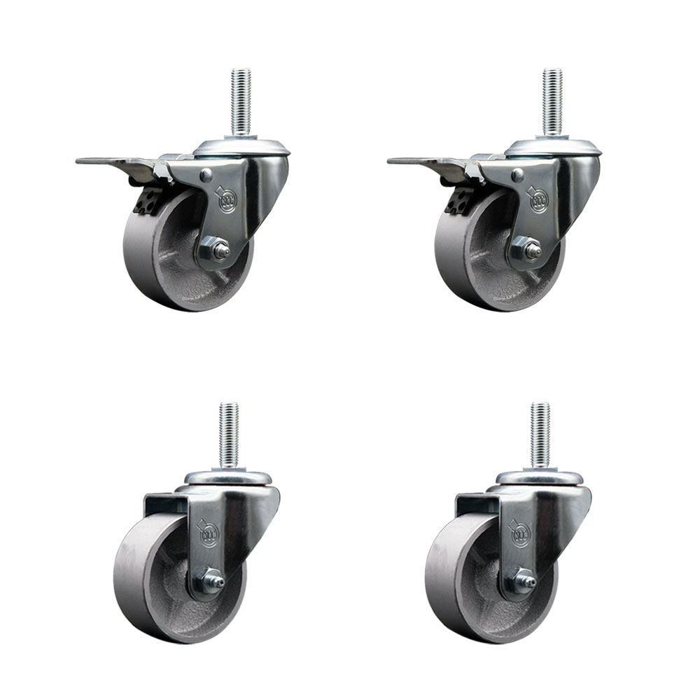 Semi Steel Cast Iron Swivel Threaded Stem Caster Set of 4 w/Roller Bearing - 3" x 1.5" Silver Wheels and 5/8" Stems - Includes 2 with Total Locking Brake - 1200 lbs Total Capacity-Service Caster Brand — photo 1