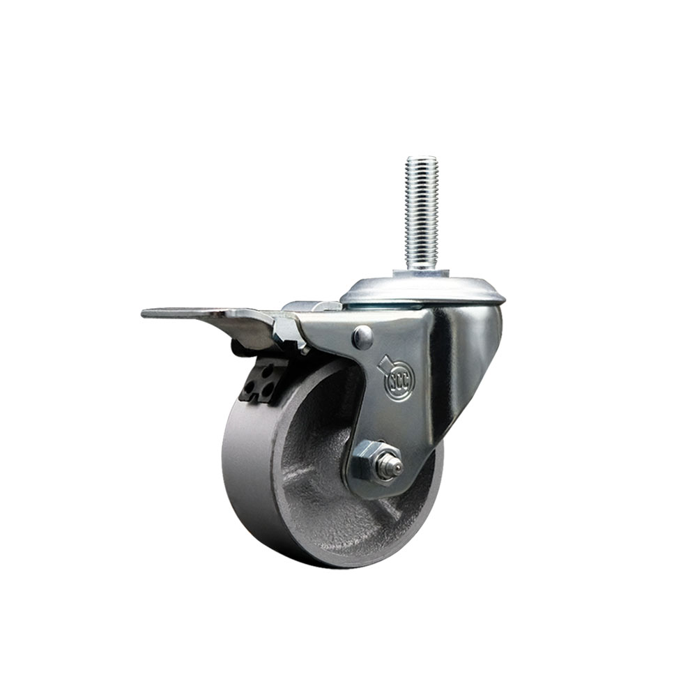 Semi Steel Cast Iron Swivel Threaded Stem Caster  - 3" x 1.25" Silver Wheel and 5/8" Stem & Total Locking Brake - 300 lbs Capacity/Caster - Service Caster Brand — photo 1
