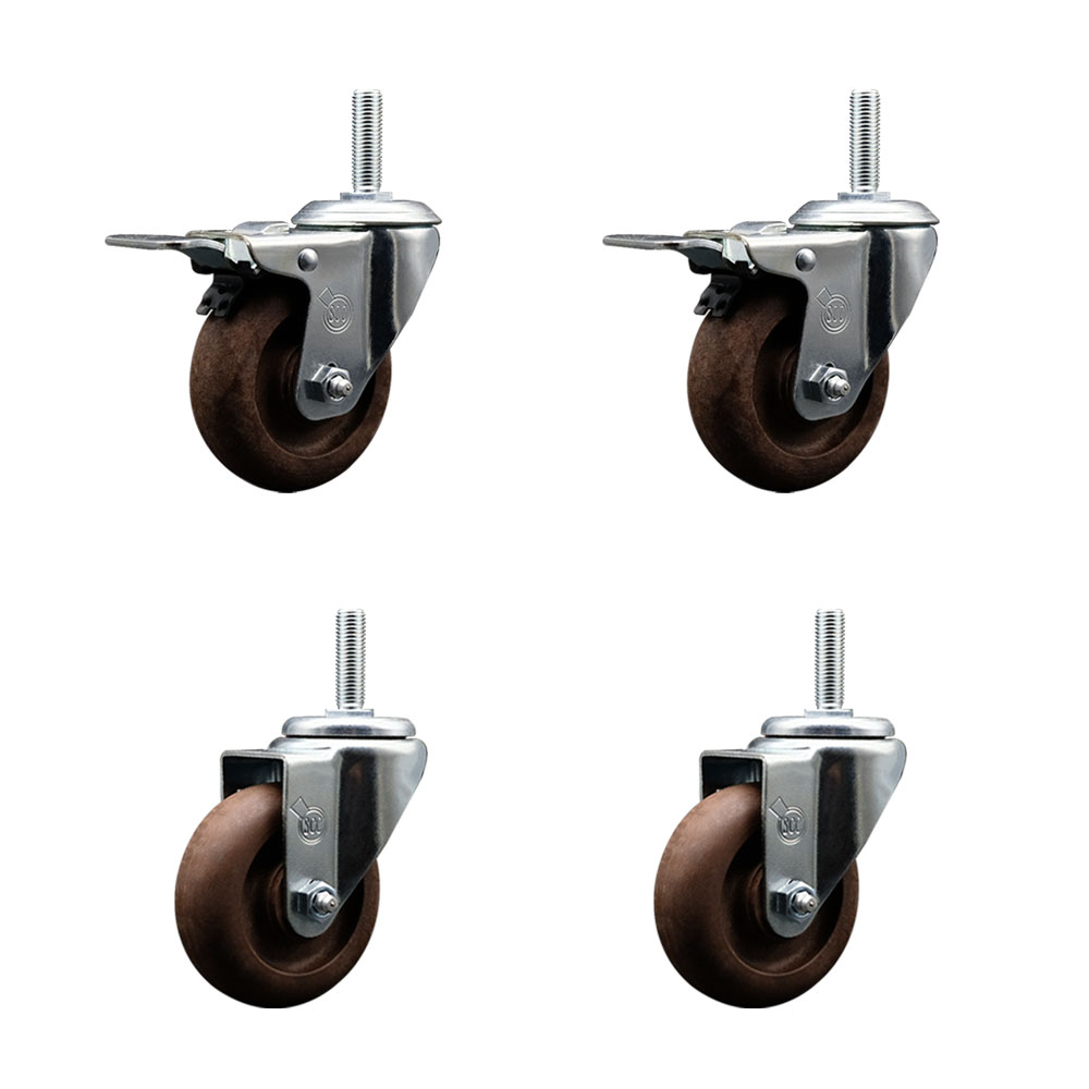 High Temp Glass Filled Nylon Swivel Threaded Stem Caster Set of 4 w/3.5" x 1.25" Brown Wheels and 5/8" Stems - Includes 2 with Total Locking Brake - 1400 lbs Total Capacity - Service Caster Brand — photo 1