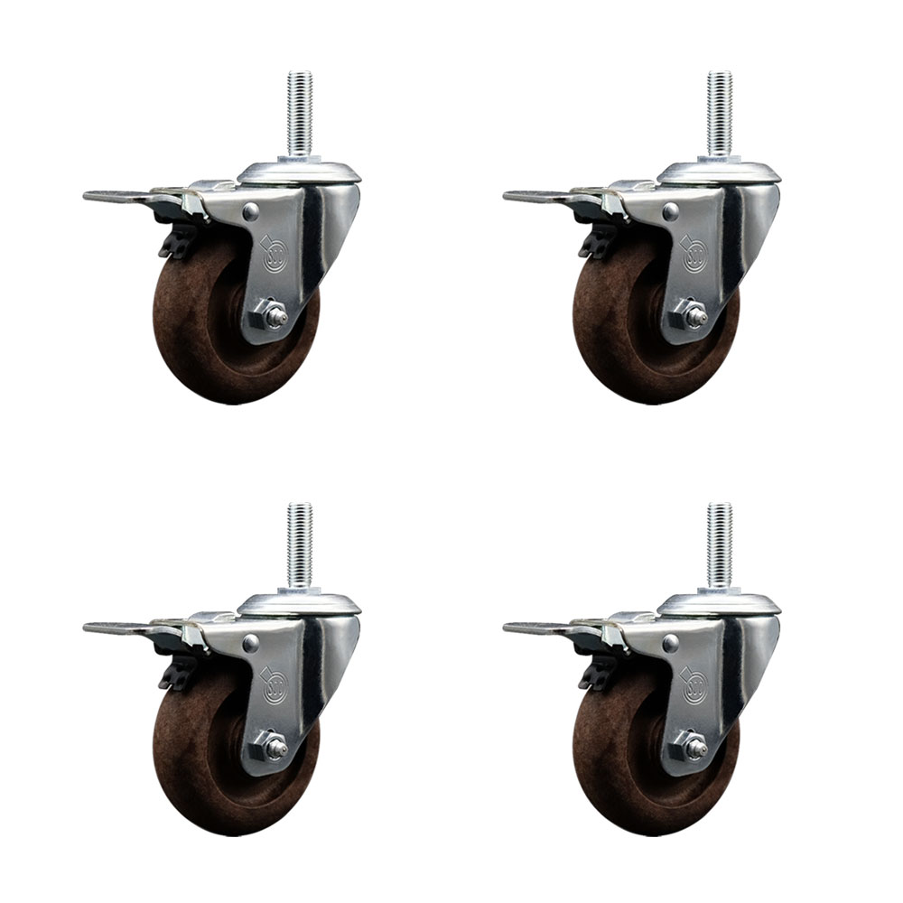 High Temp Glass Filled Nylon Swivel Threaded Stem Caster Set of 4 w/3.5" x 1.25" Brown Wheels and 5/8" Stems - Includes 4 with Total Lock Brakes - 1400 lbs Total Capacity - Service Caster Brand — photo 1