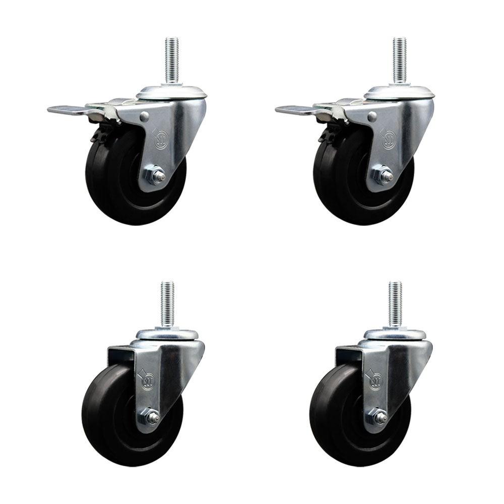 Soft Rubber Swivel Threaded Stem Caster Set of 4 w/3.5" x 1.25" Black Wheels and 3/4" Stems - Includes 2 with Total Locking Brake - 800 lbs Total Capacity - Service Caster Brand — photo 1