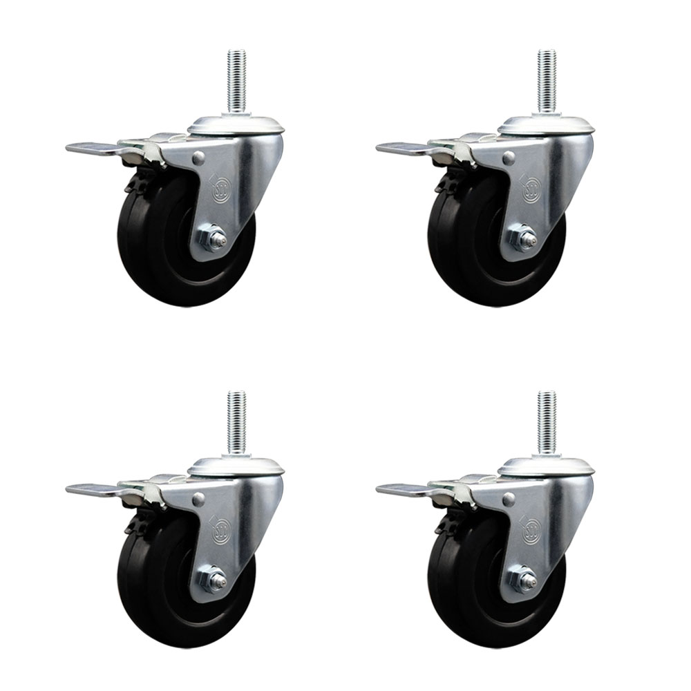 Soft Rubber Swivel Threaded Stem Caster Set of 4 w/3.5" x 1.25" Black Wheels and 5/8" Stems - Includes 4 with Total Lock Brakes - 800 lbs Total Capacity - Service Caster Brand — photo 1