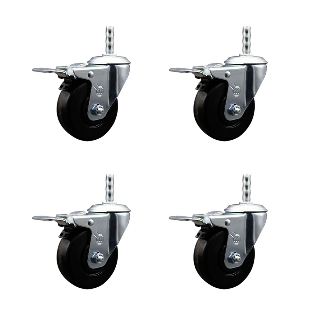 Phenolic Swivel Threaded Stem Caster Set of 4 w/3.5" x 1.25" Black Wheels and 3/4" Stems - Includes 4 with Total Lock Brakes - 1200 lbs Total Capacity - Service Caster Brand — photo 1
