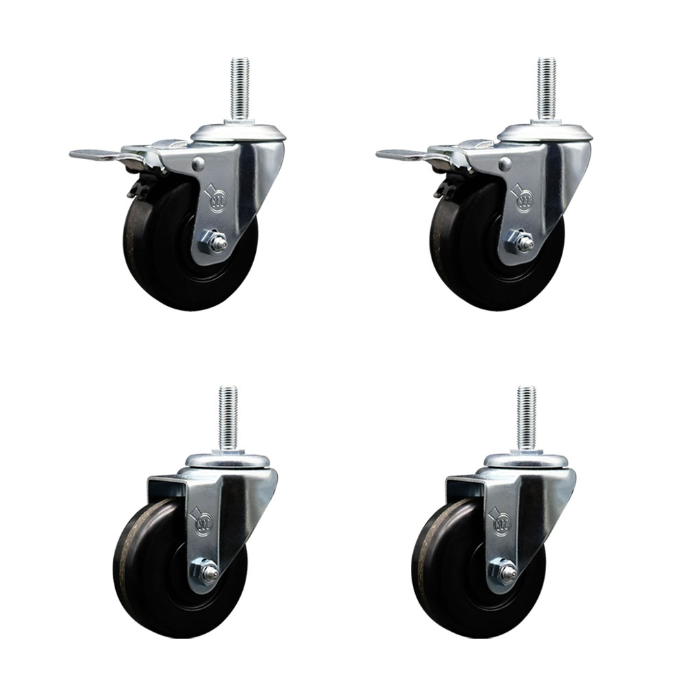 Phenolic Swivel Threaded Stem Caster Set of 4 w/3.5" x 1.25" Black Wheels and 5/8" Stems - Includes 2 with Total Locking Brake - 1200 lbs Total Capacity - Service Caster Brand — photo 1